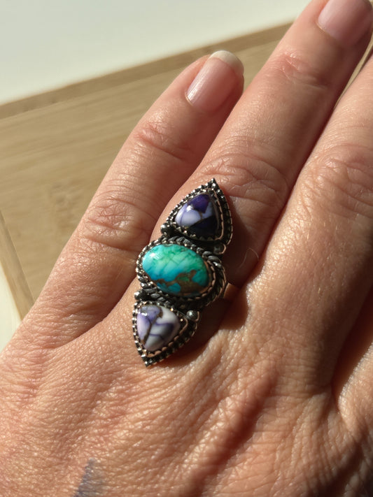 Purple & Peacock Dahlia Ring | Adjustable