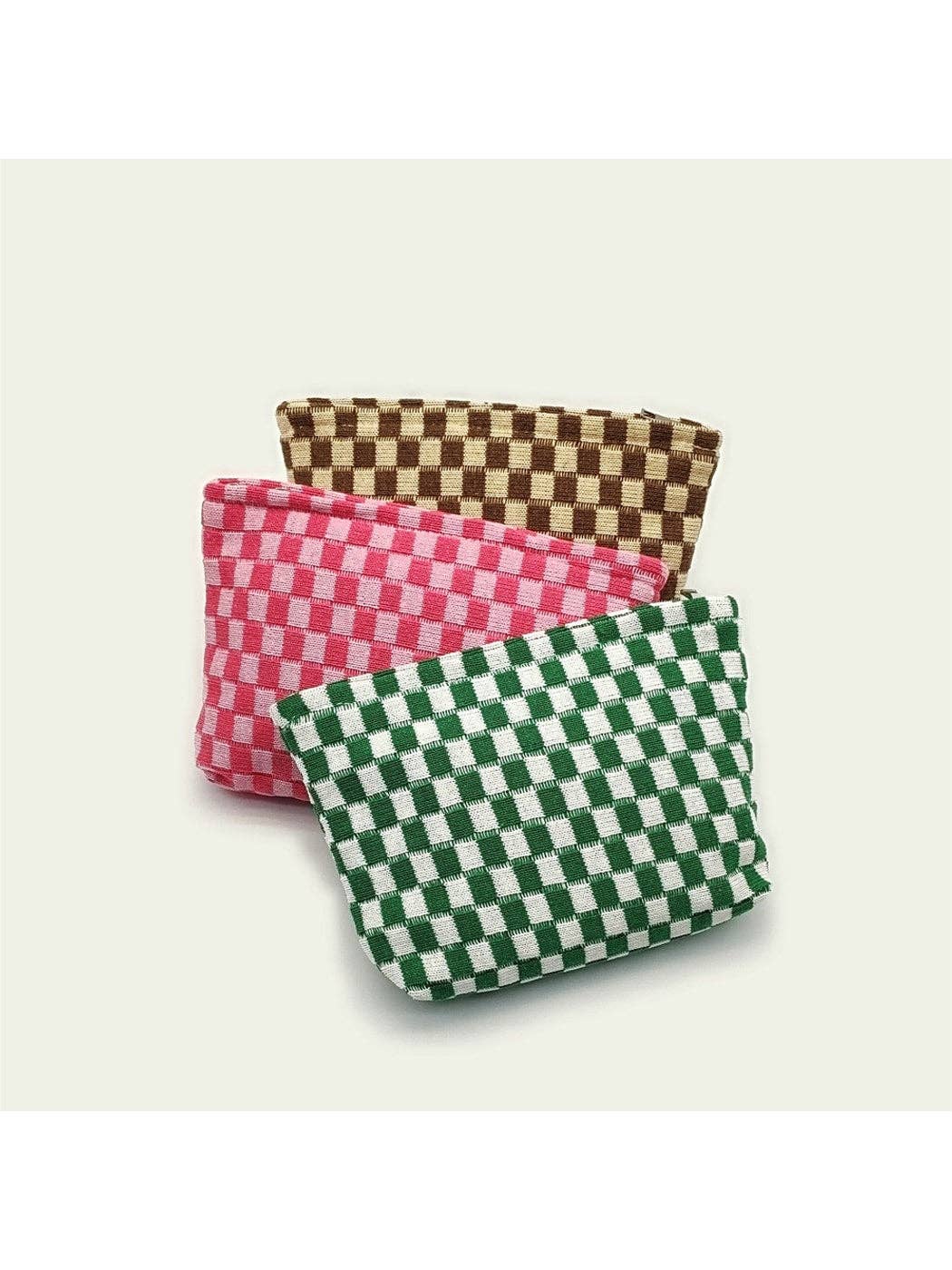 Colorblock Checkered Knit Zip Pouch