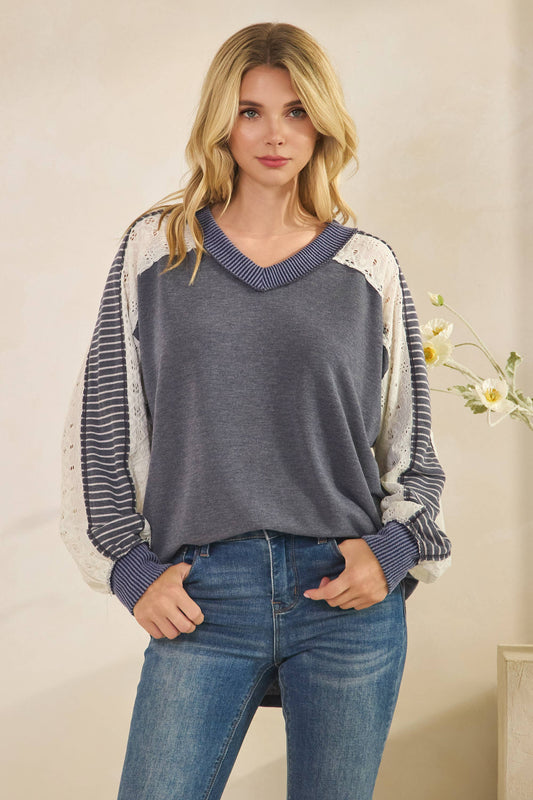 Multi Fabric Contrast V Neck Long Sleeve Top