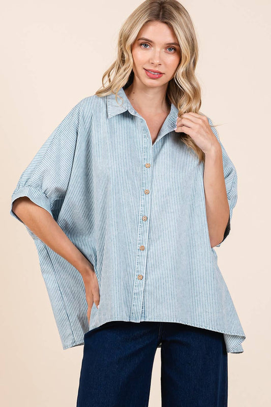 WASHED STRIPED PRINT DOLMAN BUTTON DOWN SHIRT