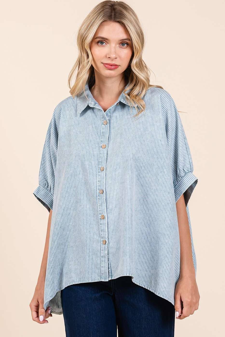 WASHED STRIPED PRINT DOLMAN BUTTON DOWN SHIRT