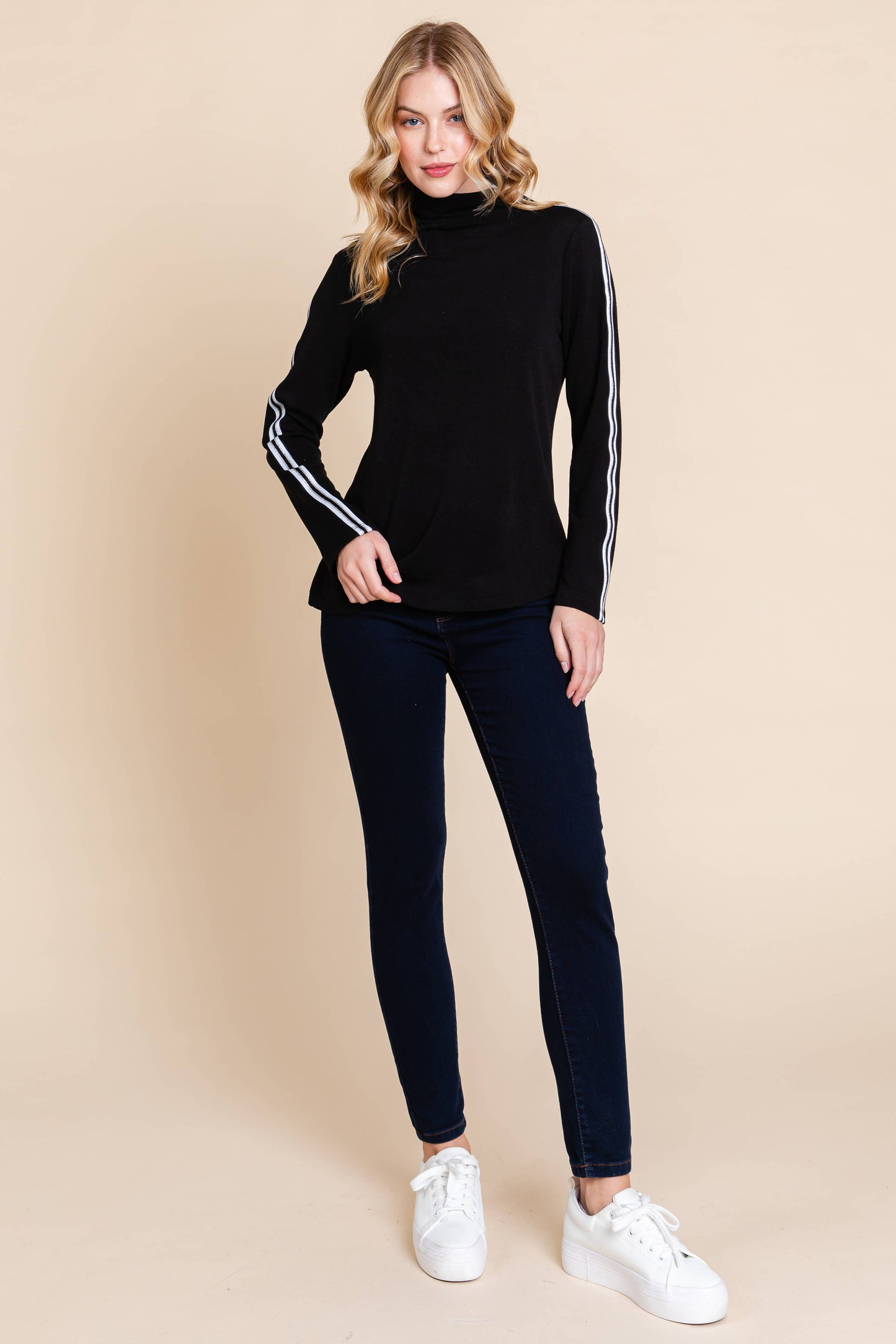 Long Sleeve Solid Mock Neck Casual Top