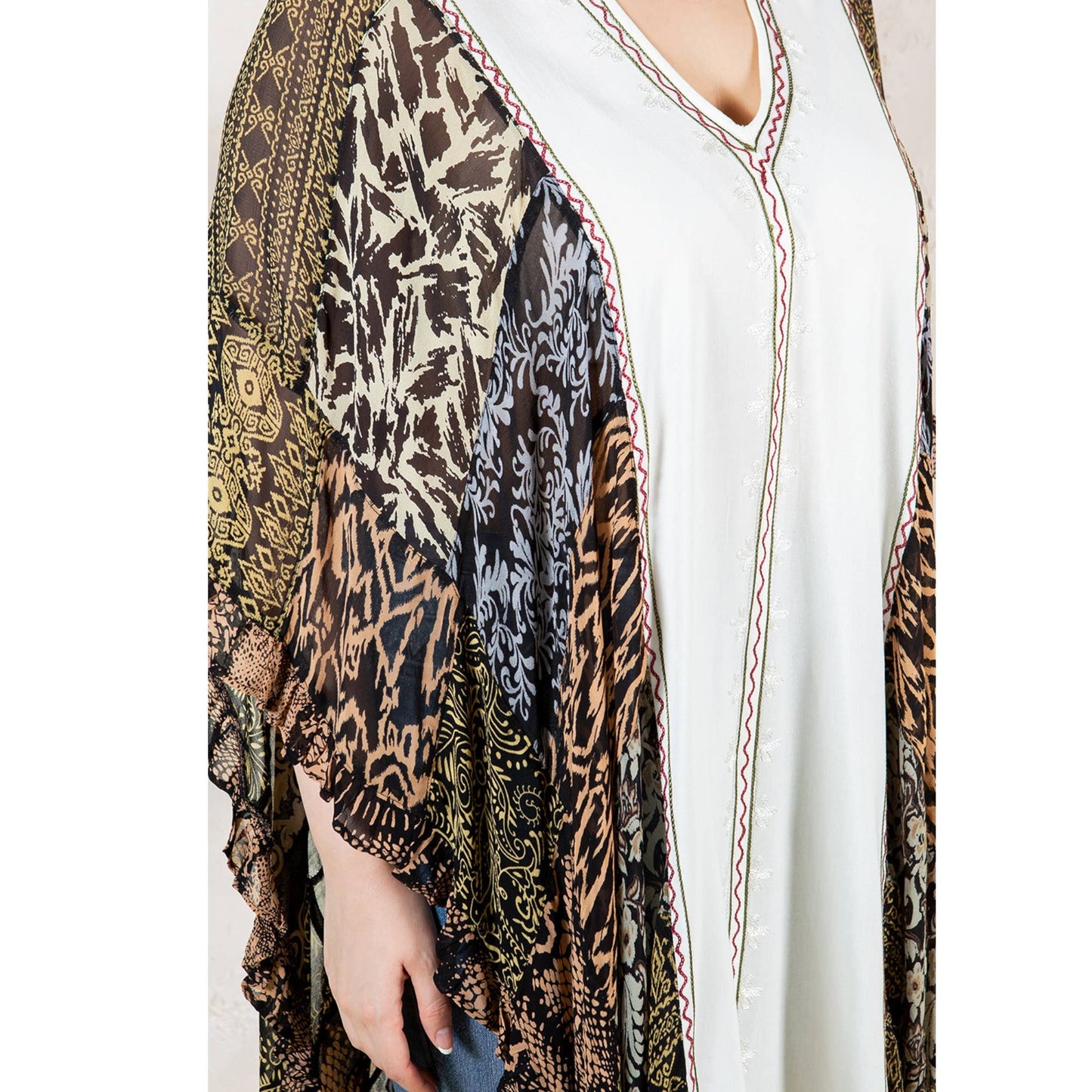 Natural Bohemian Embroidered Colorblocked Shrug