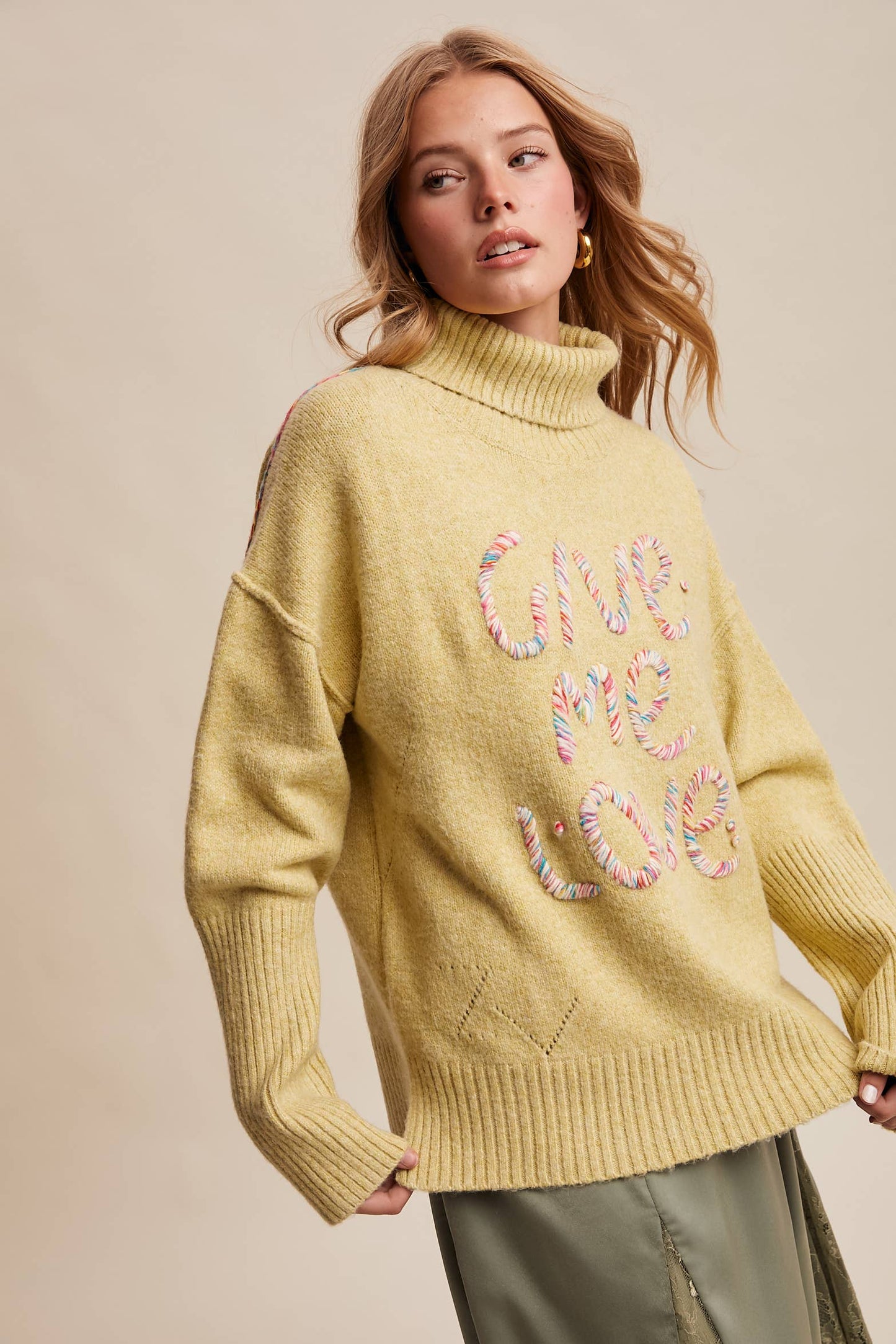 Give Me Love Embroidered Turtleneck Sweater