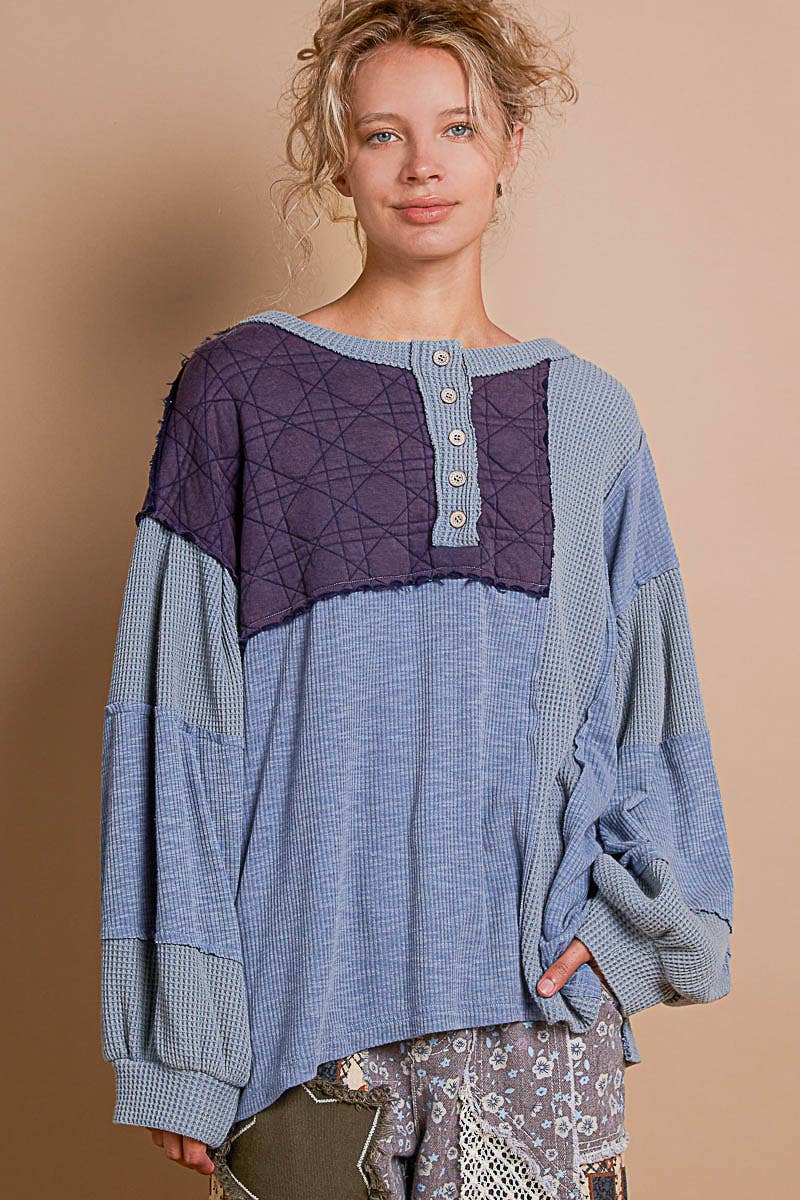 Round neck balloon sleeve thermal contrast knit top