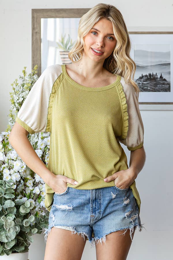 Ruffle Trim Lace Contrast Raglan Short Sleeve Top
