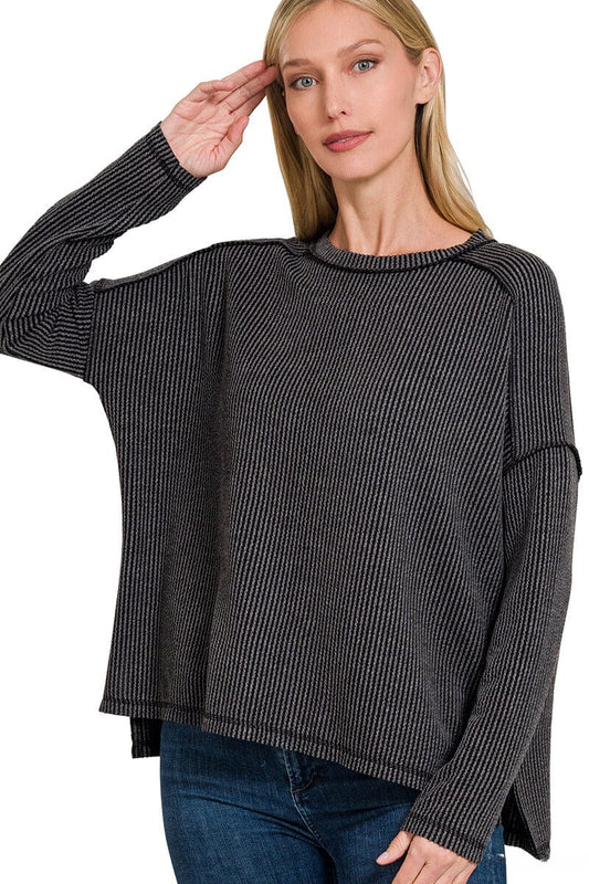 Textured Line Raw Edge Boat Neck Long Sleeve Top