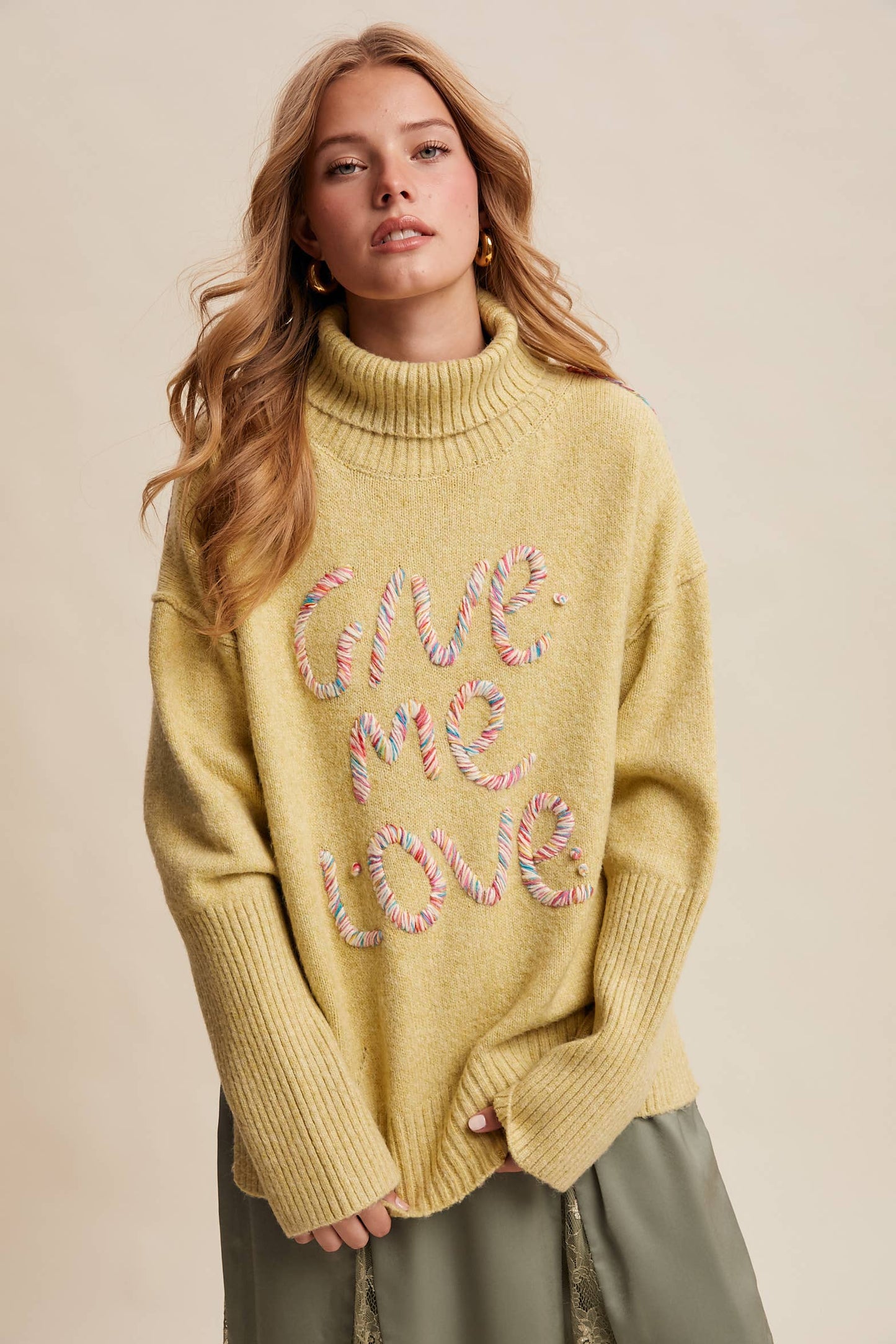 Give Me Love Embroidered Turtleneck Sweater