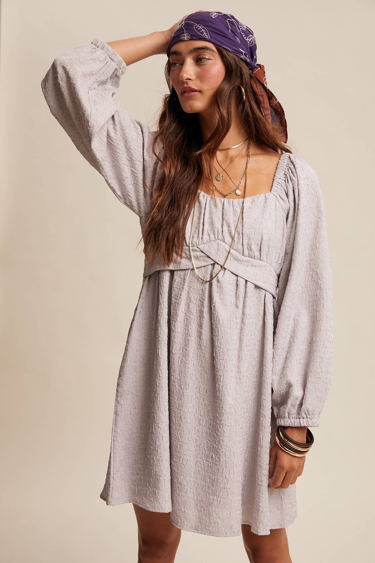Textured Square Neck Babydoll Mini Dress