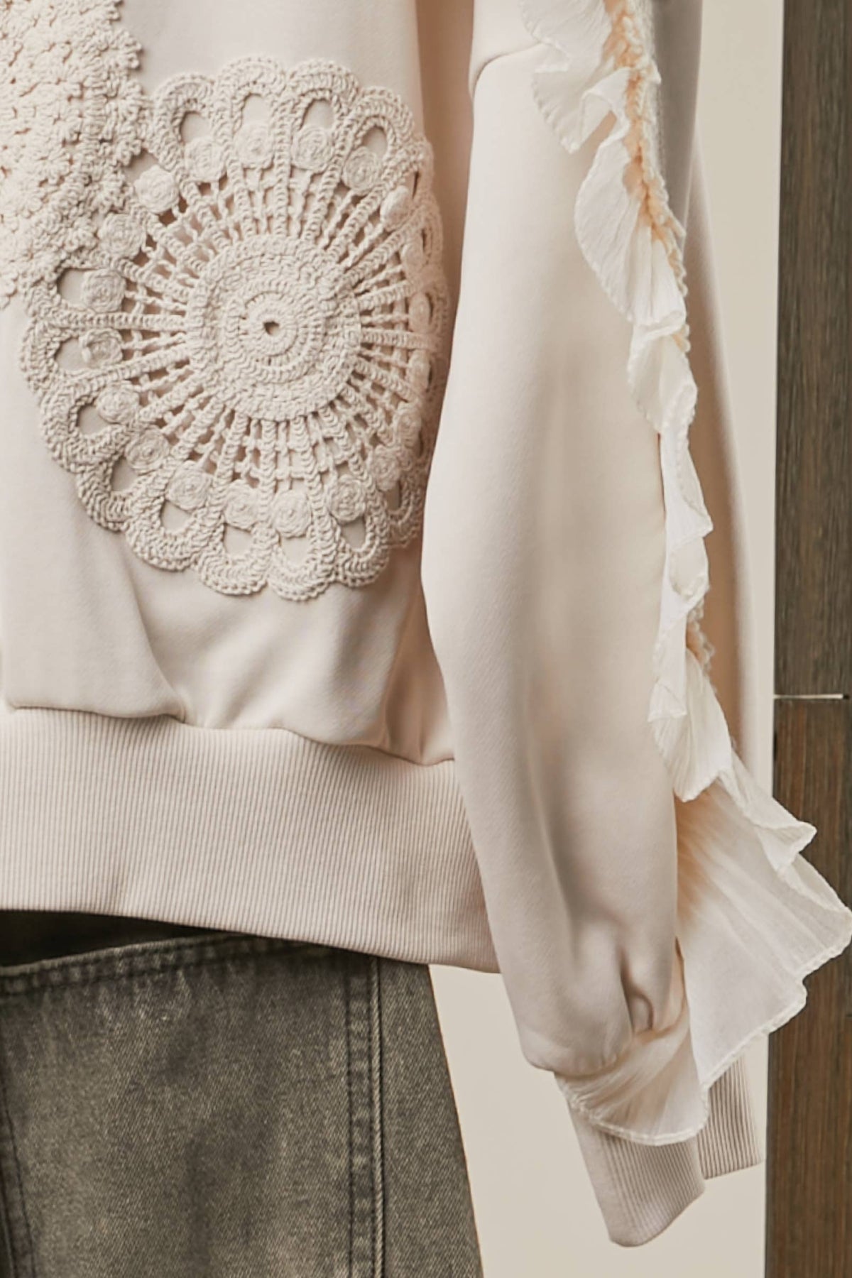 Chic Lace Trimmed Hoodie with Crochet Accents