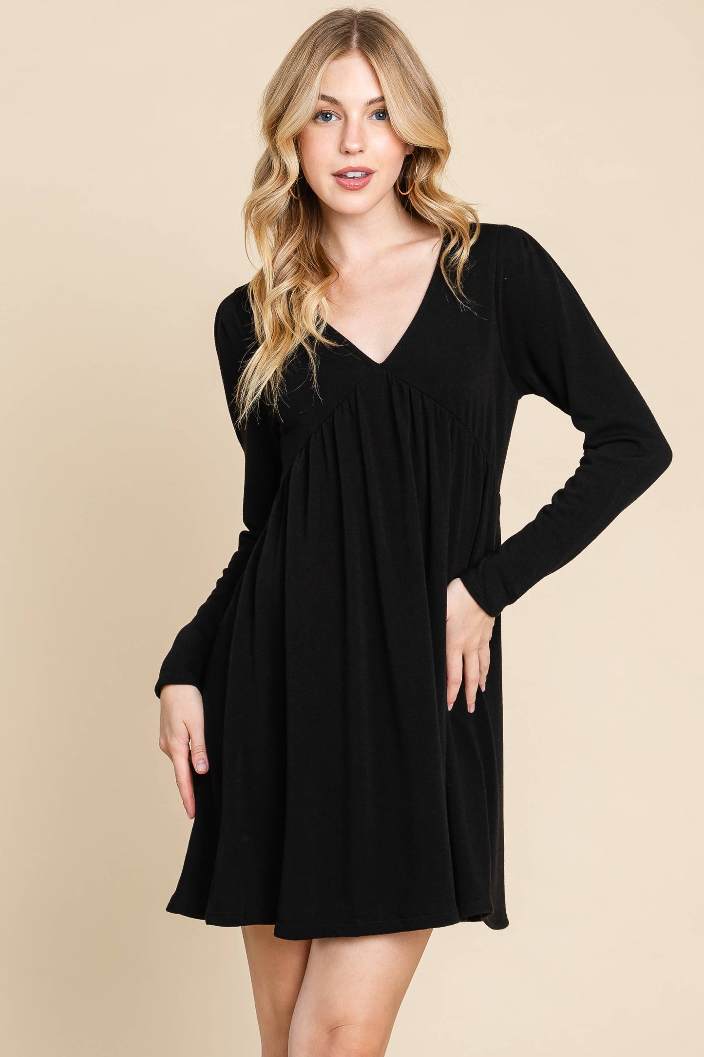 Solid French Terry V Neck Swing Dress