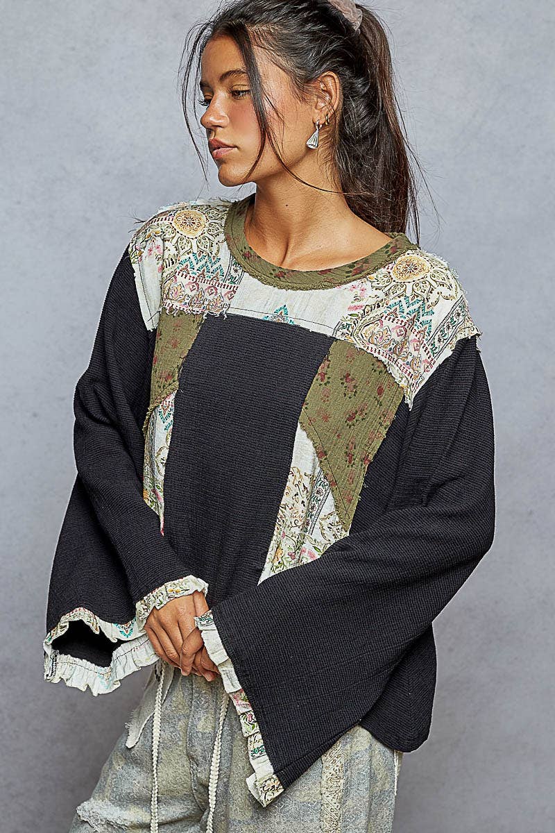 Long sleeve double gauze printed woven contrast top