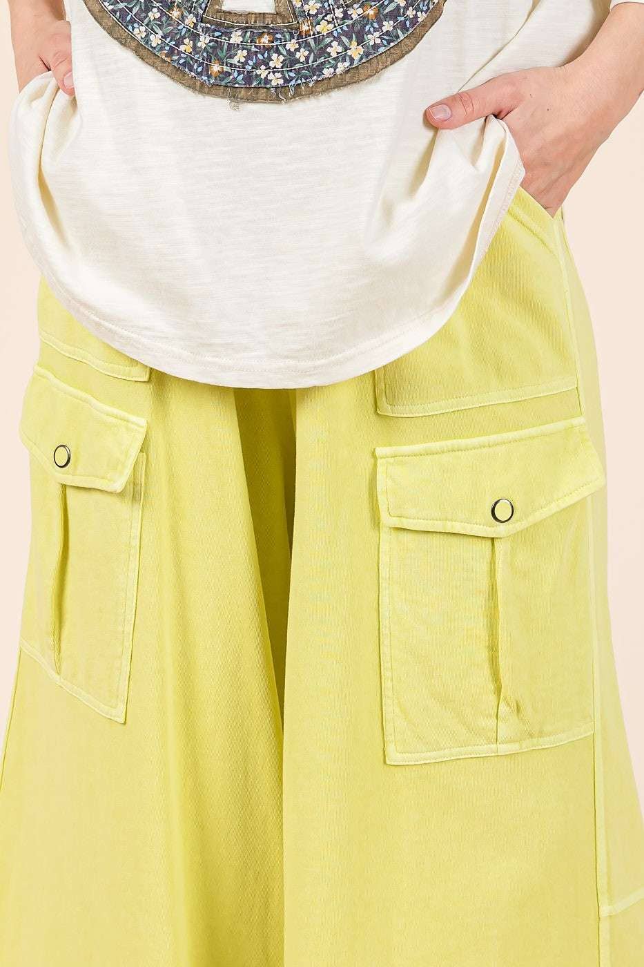 WASHED FRENCH TERRY CARGO ELASTIC WAIST WIDE LEG PANTS