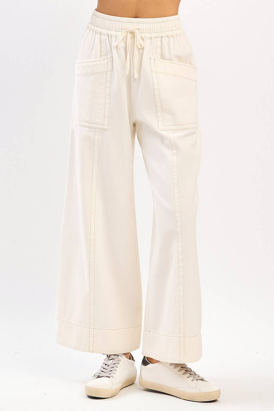 MINERAL WASH WIDE LEG ELASTIC WAIST TWILL PANTS