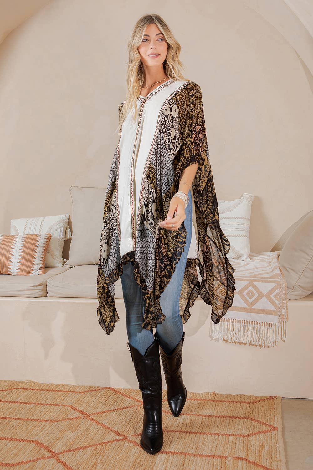 Natural Bohemian Embroidered Colorblocked Shrug