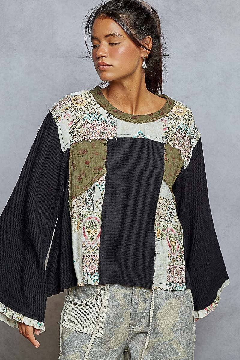 Long sleeve double gauze printed woven contrast top