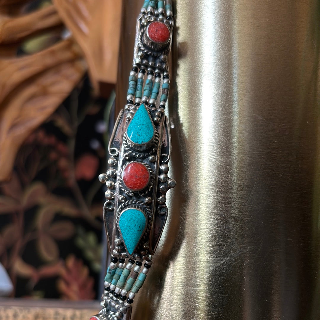 Tibetan Silver Bracelet with Coral and Turquoise Inlay