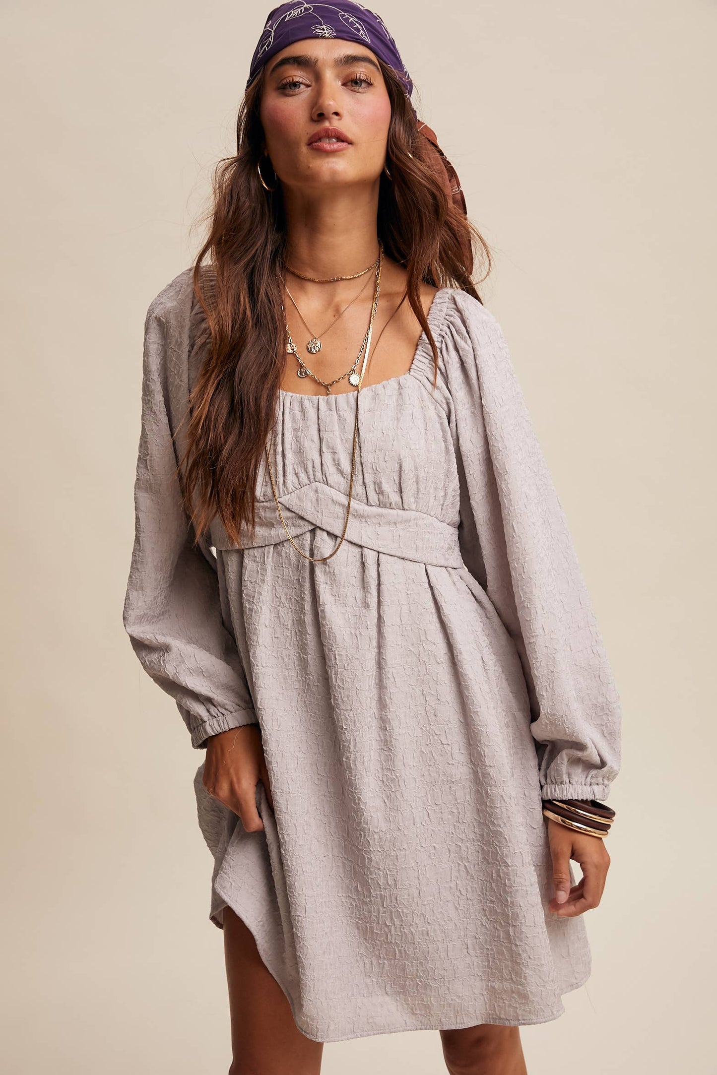 Textured Square Neck Babydoll Mini Dress