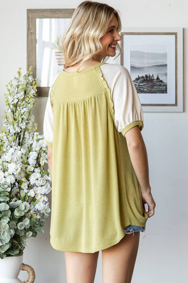 Ruffle Trim Lace Contrast Raglan Short Sleeve Top