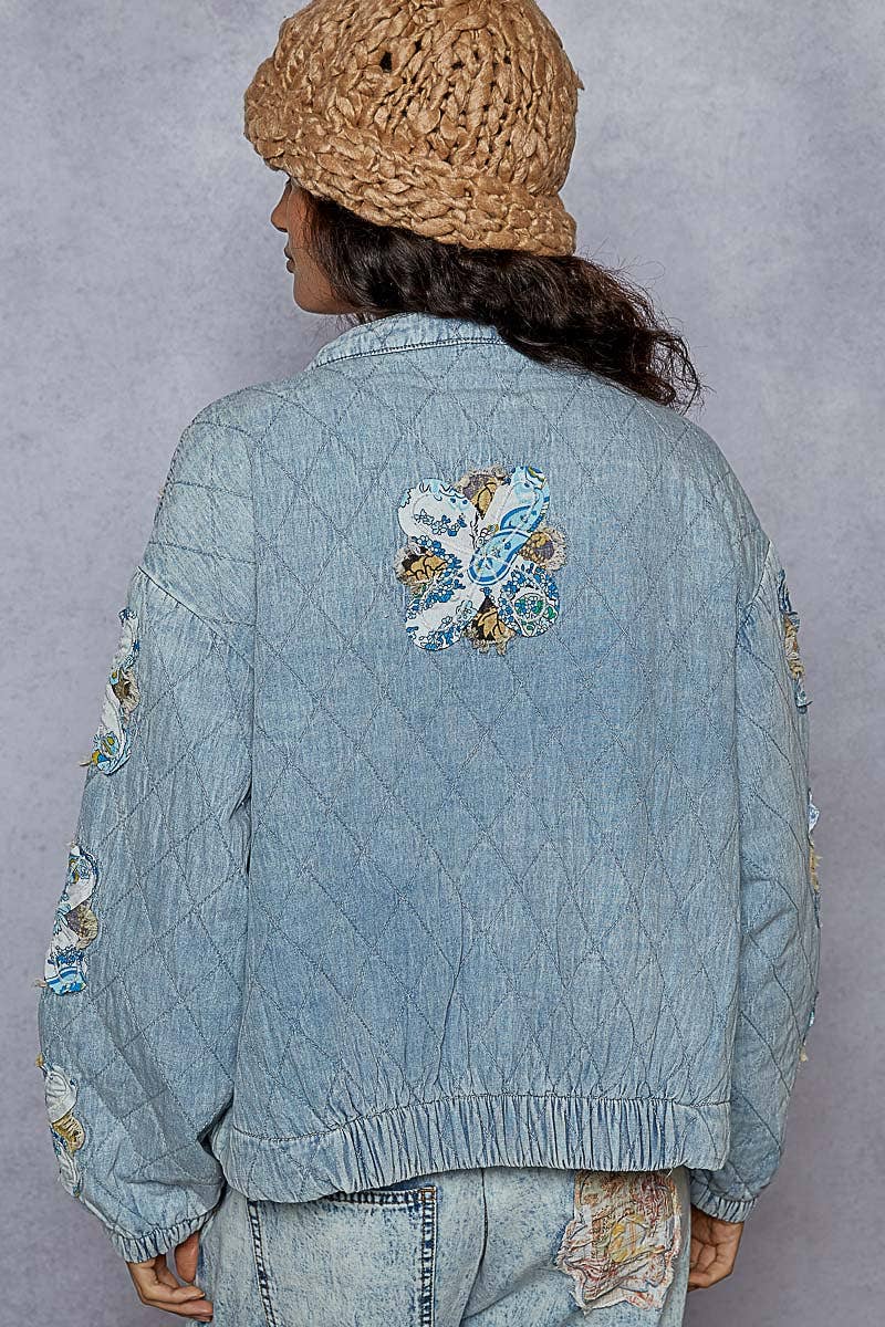 Mock neck balloon sleeve oversized fit quilted denim Jacket