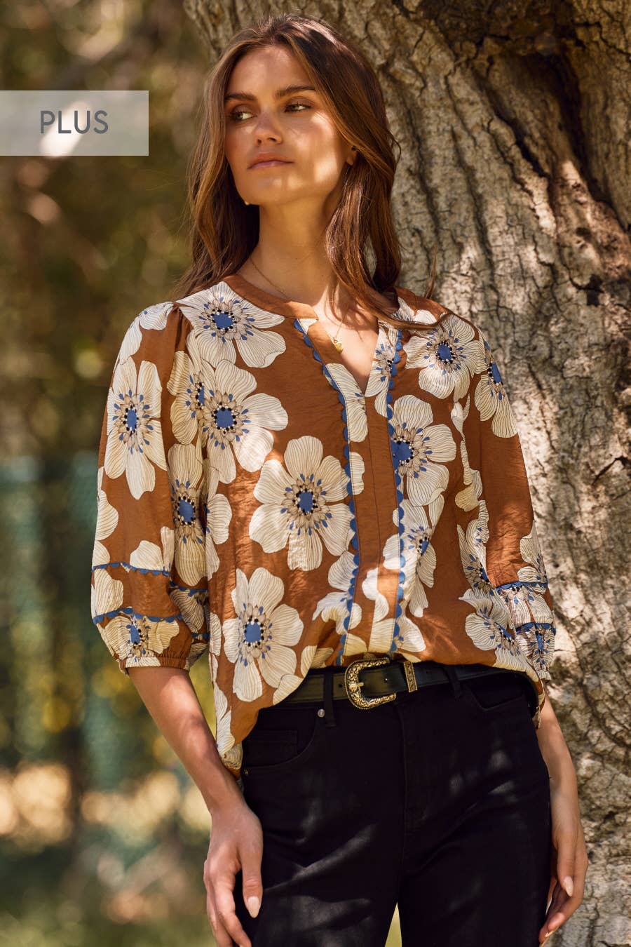 Floral Printed 3/4 Sleeve Blouse - Plus