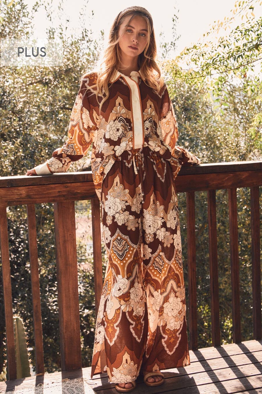 Retro Printed Wide Leg Pants - Plus