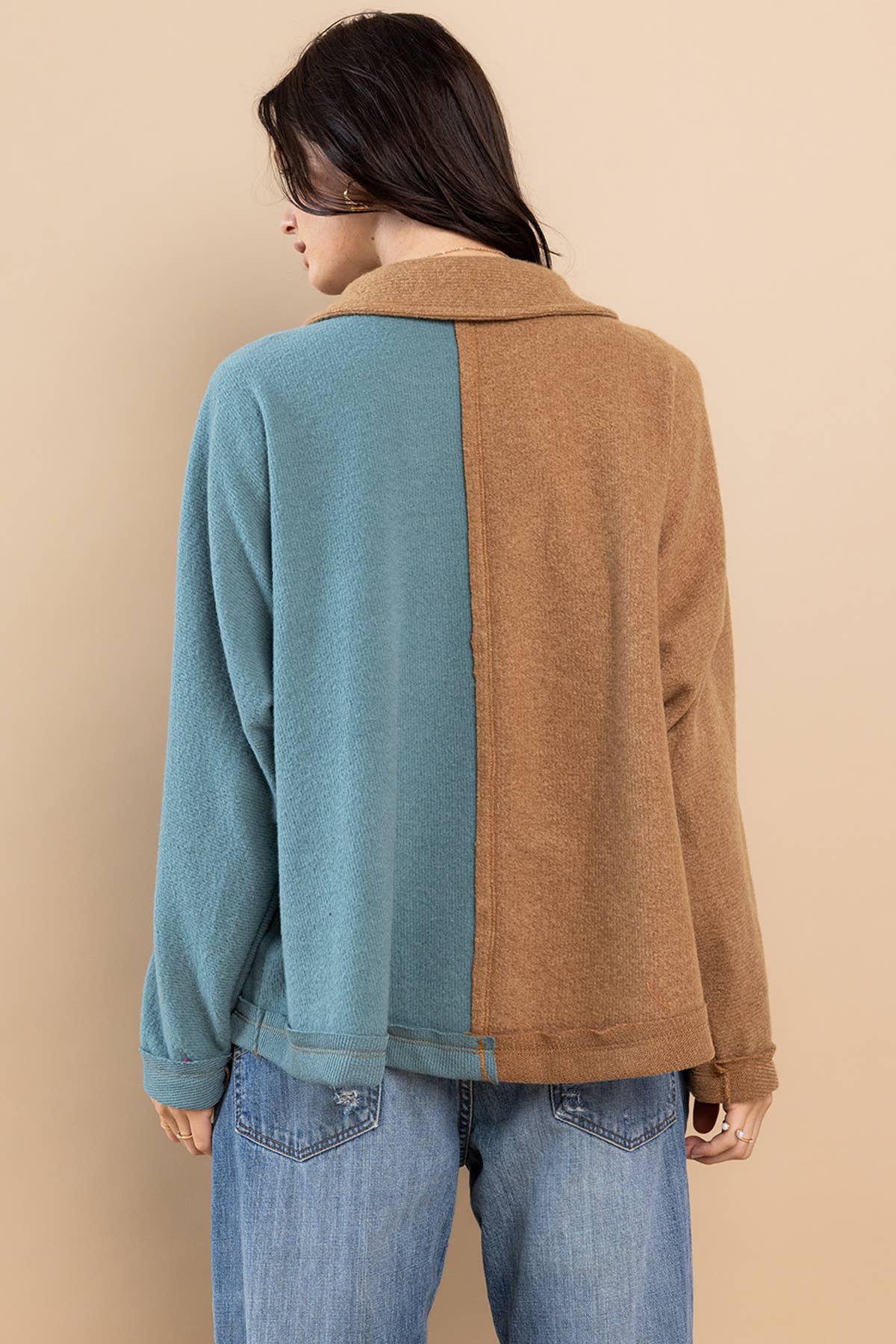 Color Block Stretch Spread Collar Neck Pullover