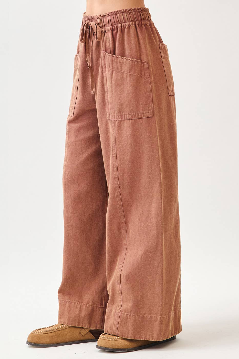 MINERAL WASH WIDE LEG ELASTIC WAIST TWILL PANTS