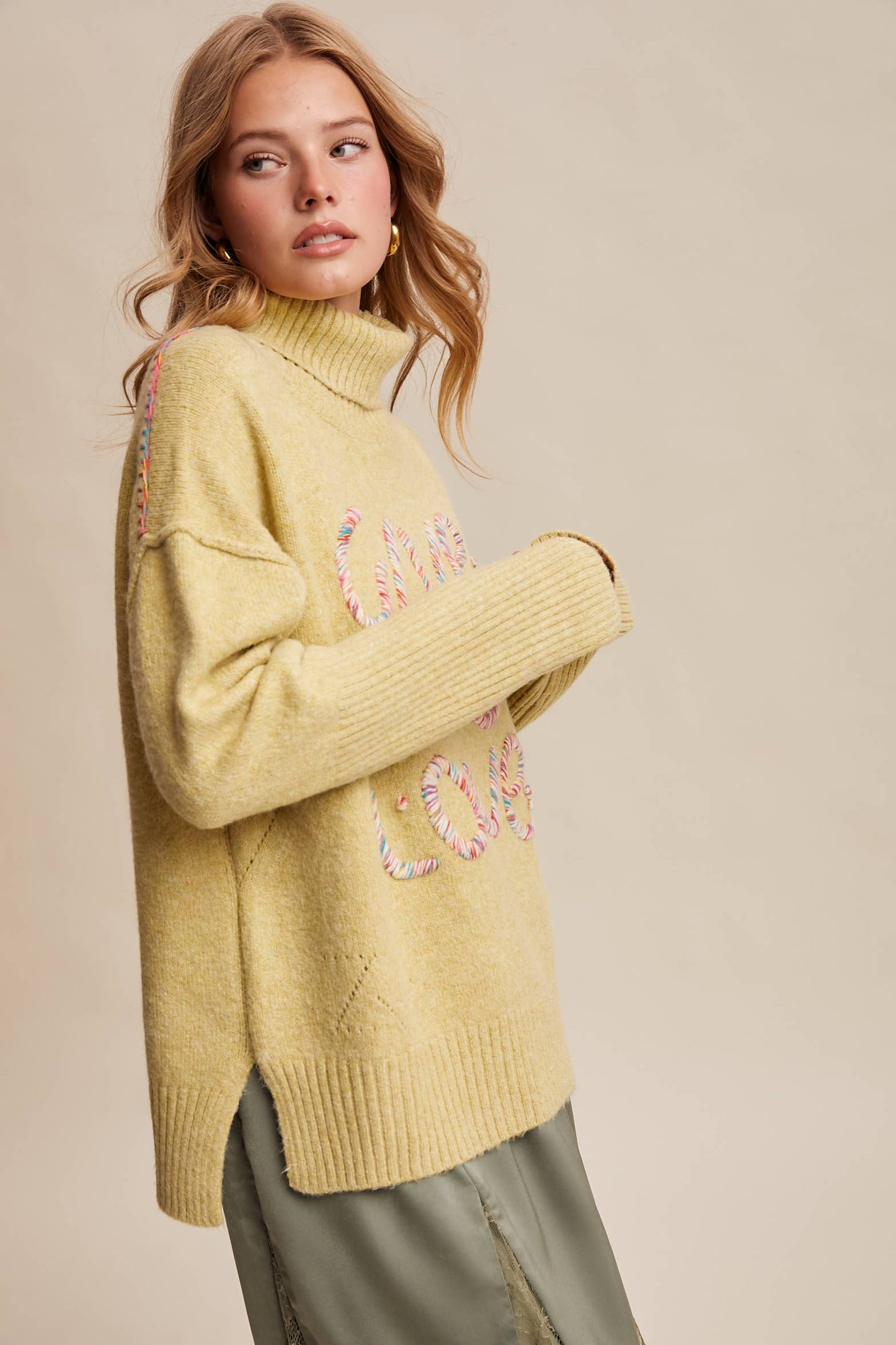 Give Me Love Embroidered Turtleneck Sweater