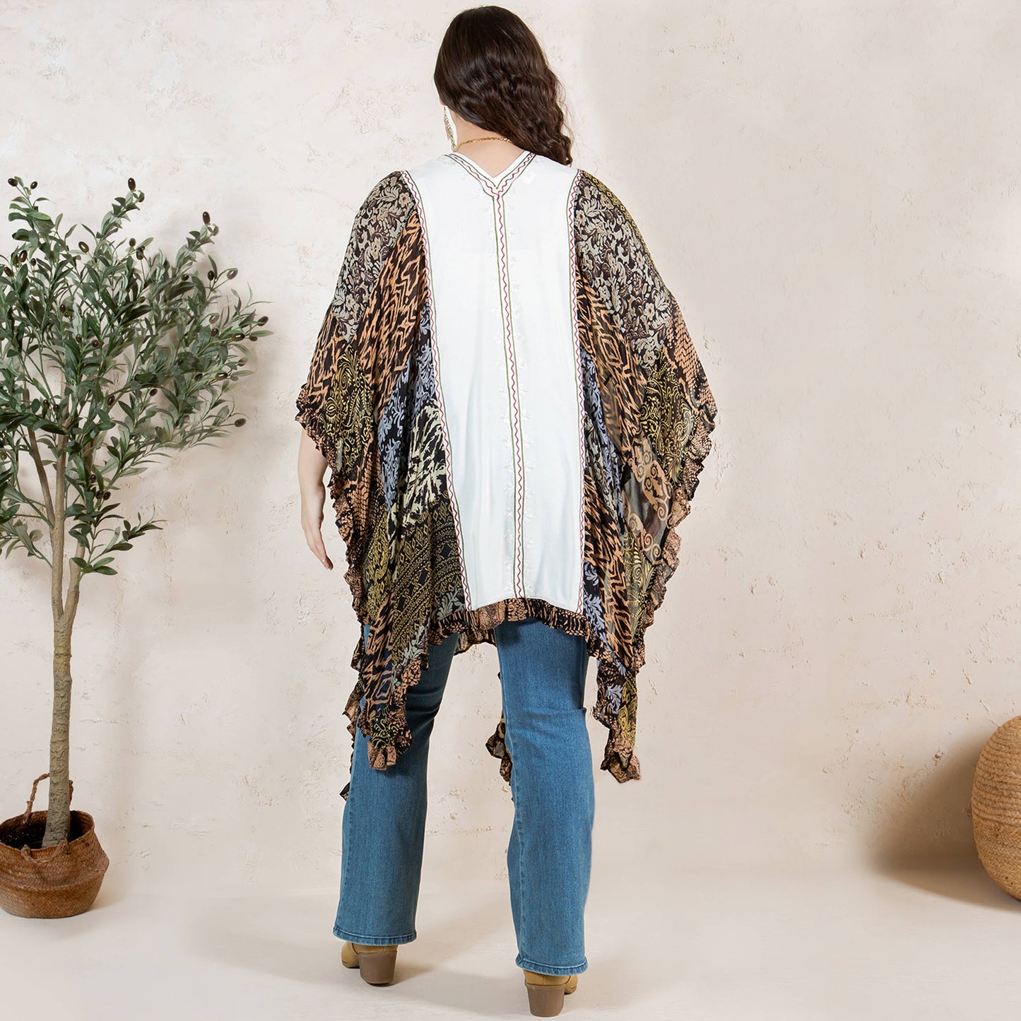 Natural Bohemian Embroidered Colorblocked Shrug