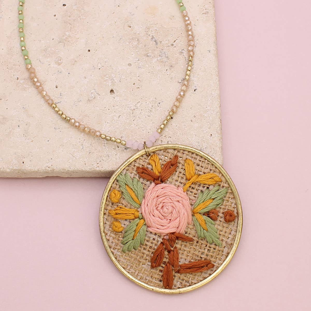 Tan Floral Cross Stitch Bead Necklace