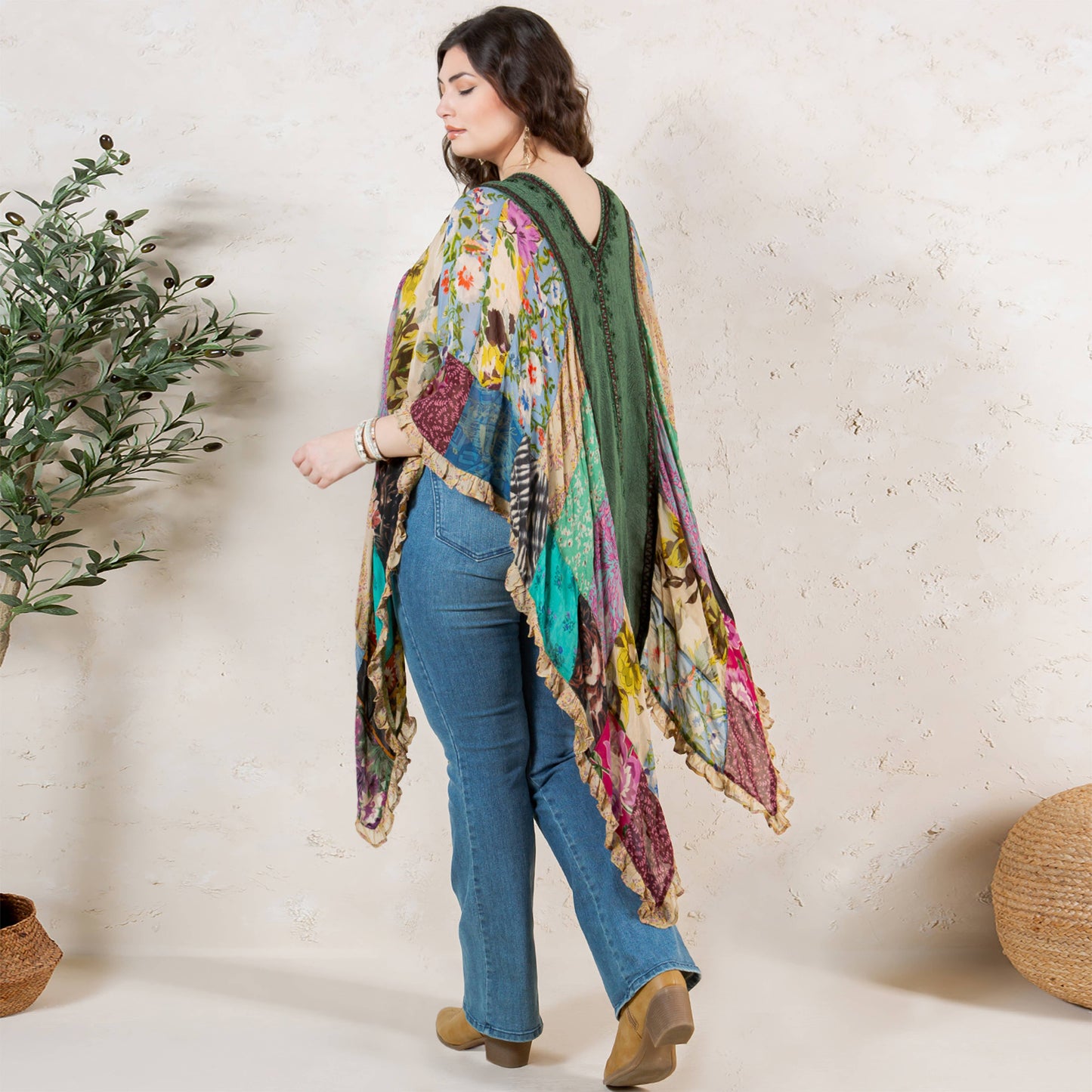 Natural Bohemian Embroidered Colorblocked Shrug