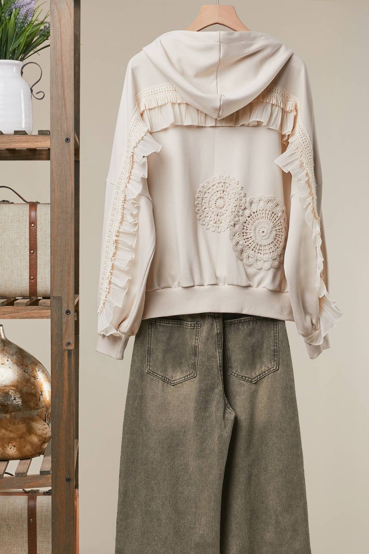 Chic Lace Trimmed Hoodie with Crochet Accents