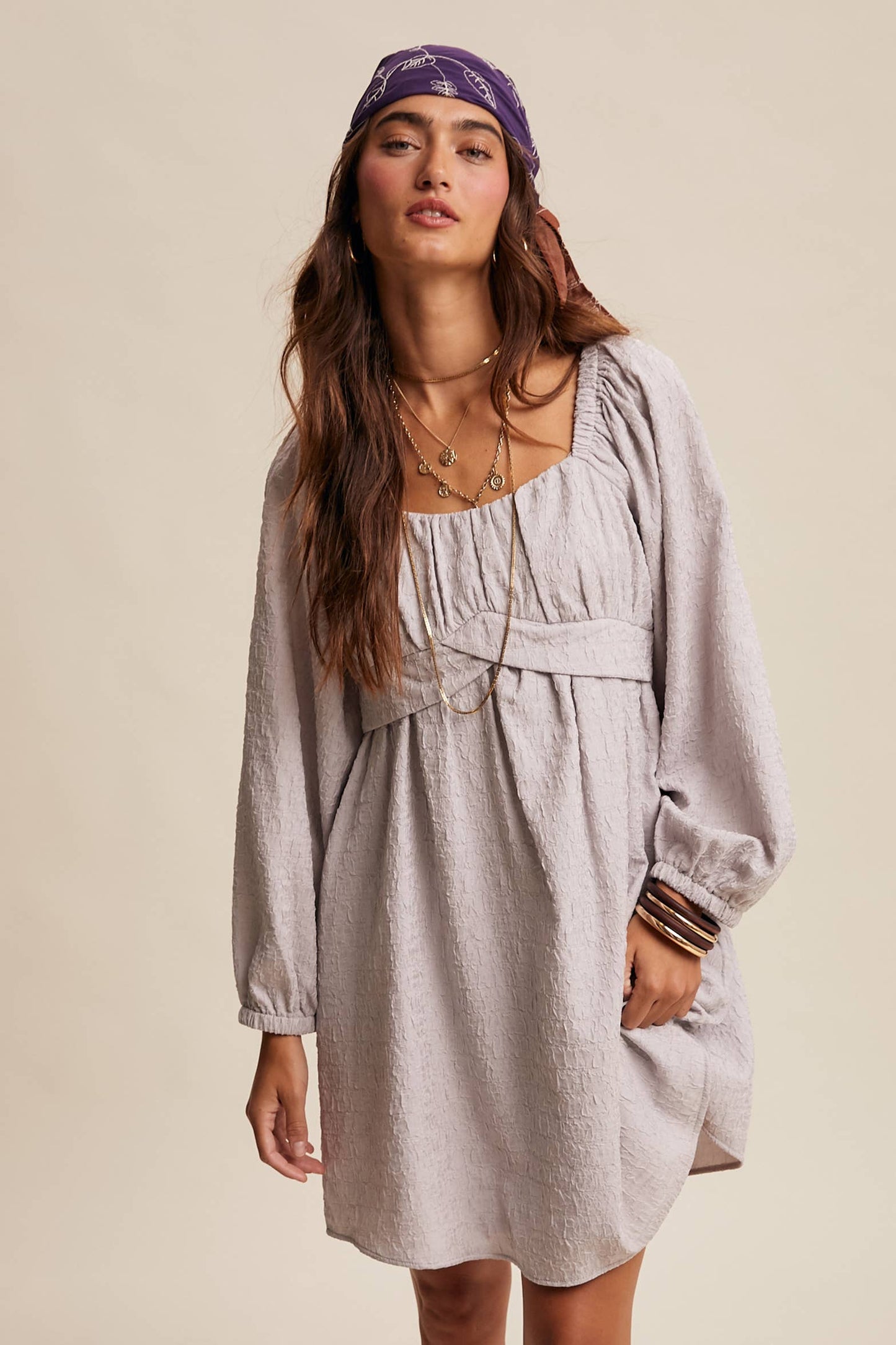 Textured Square Neck Babydoll Mini Dress