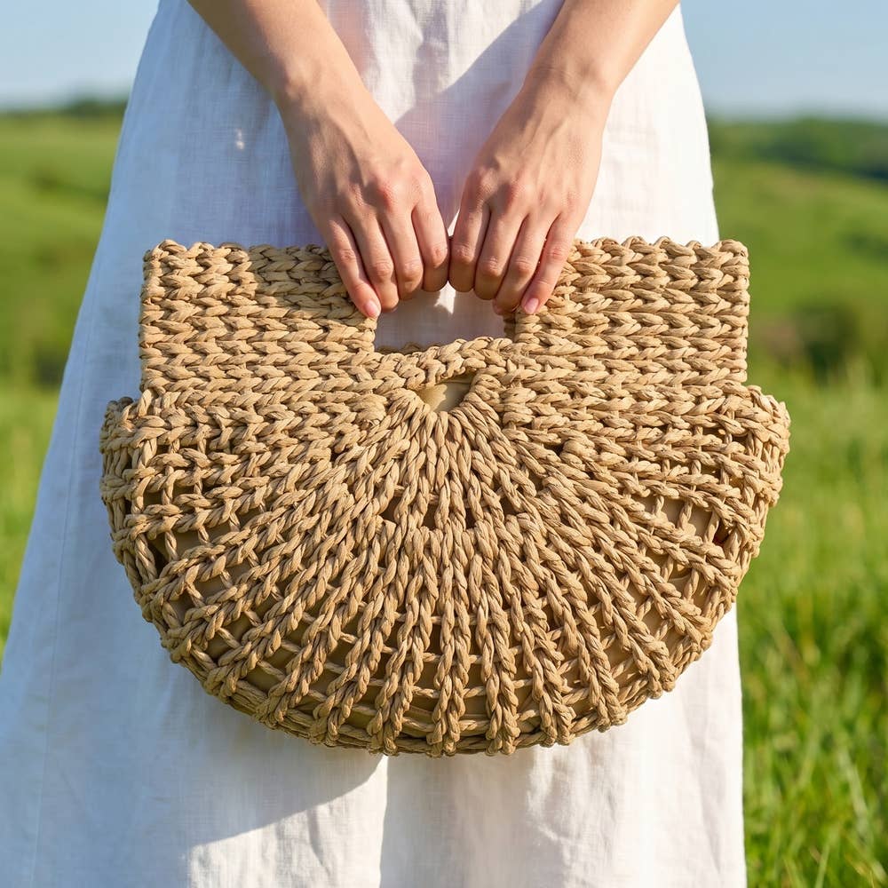 Open Weave Paper Straw Half Moon Hobo Bag