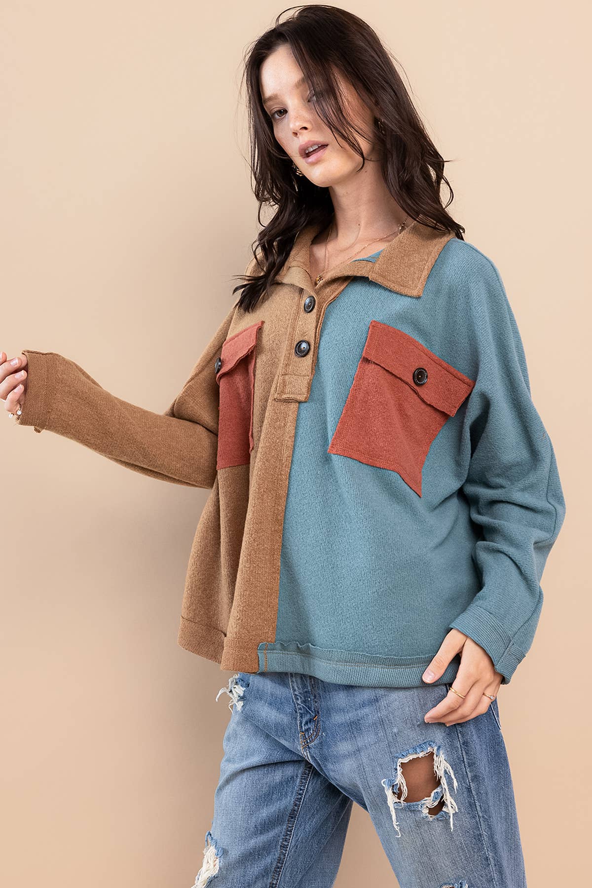 Color Block Stretch Spread Collar Neck Pullover