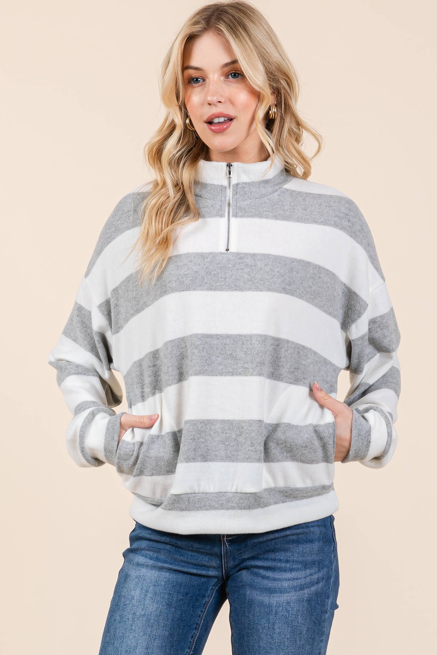 GREY STRIPE 1/4 ZIP PULLOVER