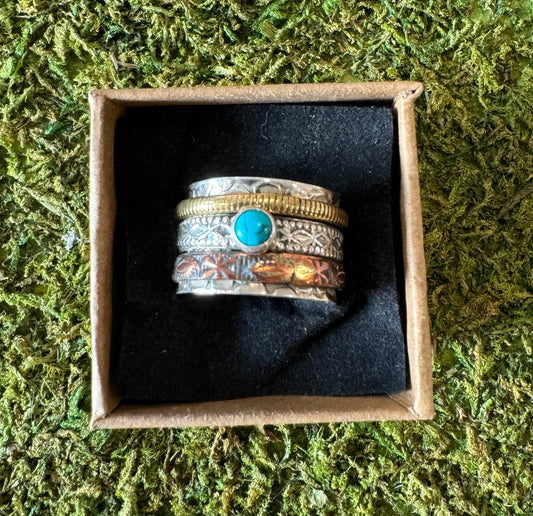 Hammered Silver Turquoise Spinner Ring size 8