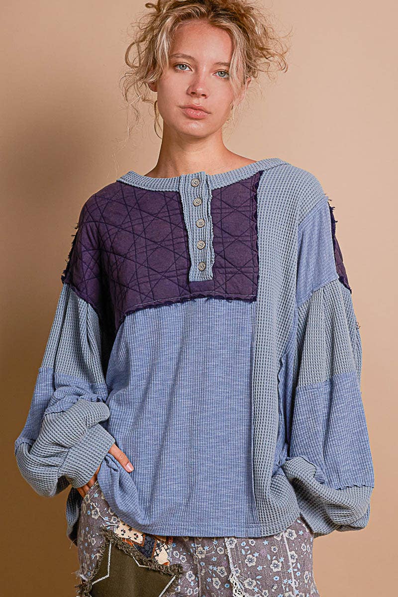 Round neck balloon sleeve thermal contrast knit top