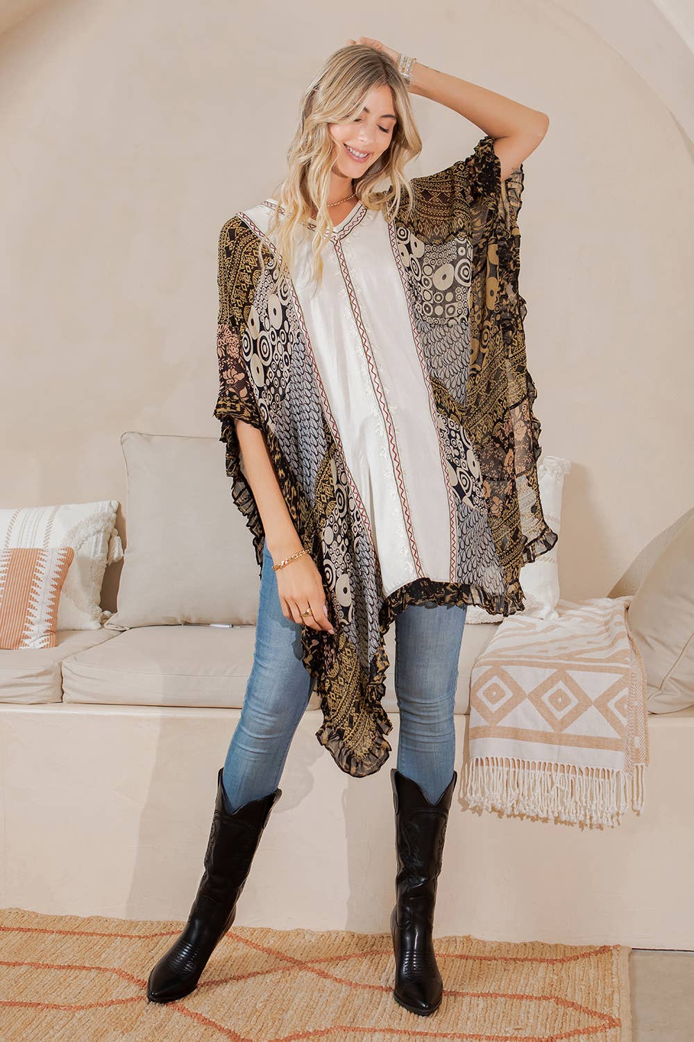 Natural Bohemian Embroidered Colorblocked Shrug