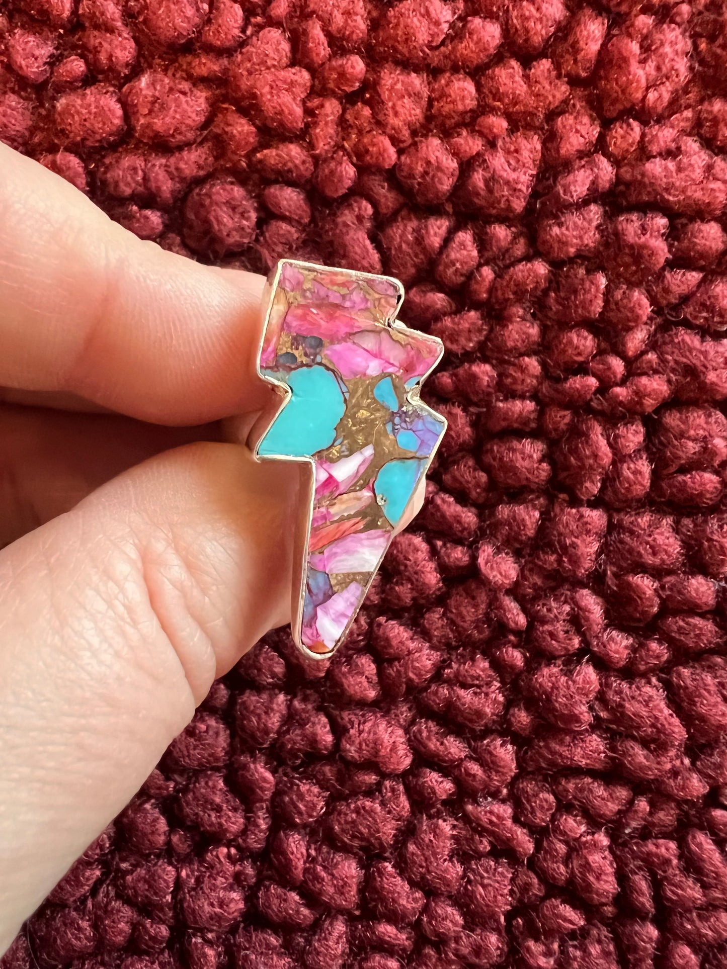 Pink Oyster Turquoise Lightening Bolt Ring | Size 6