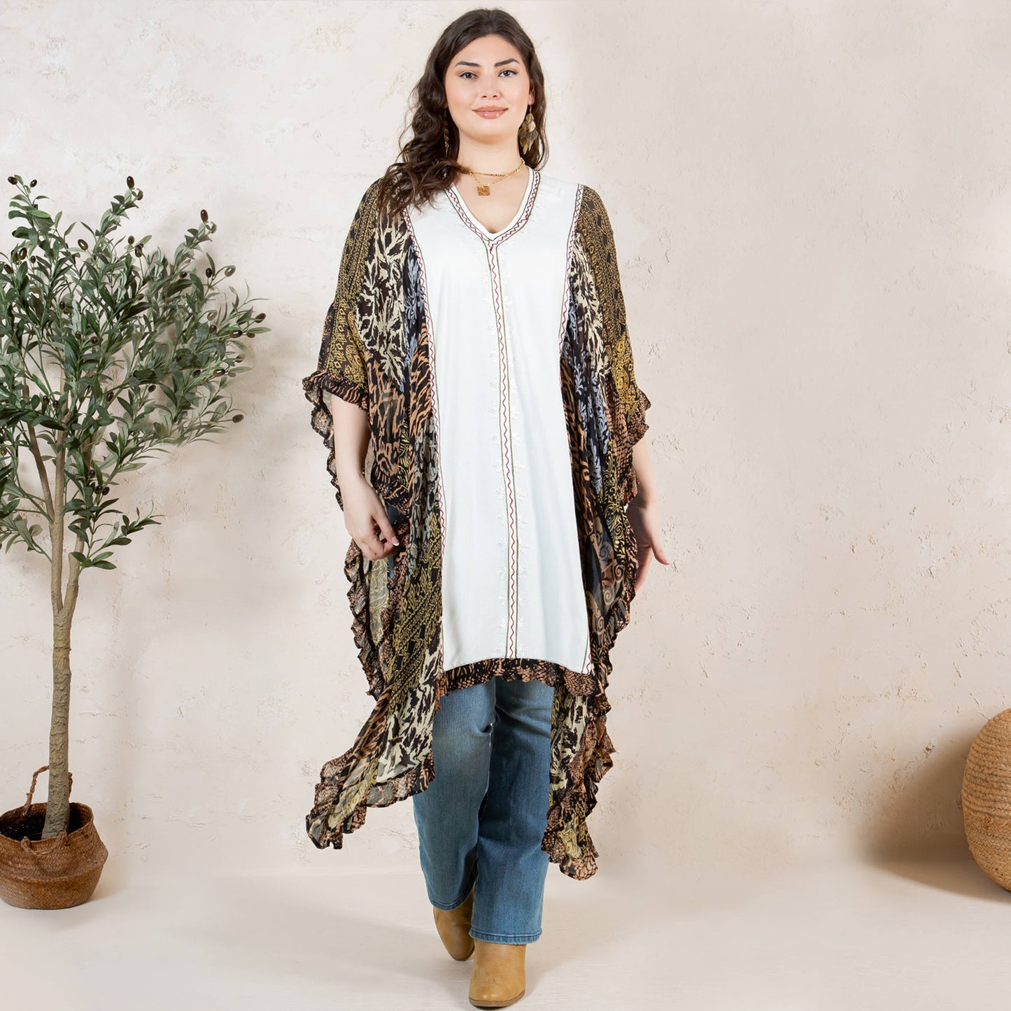 Natural Bohemian Embroidered Colorblocked Shrug