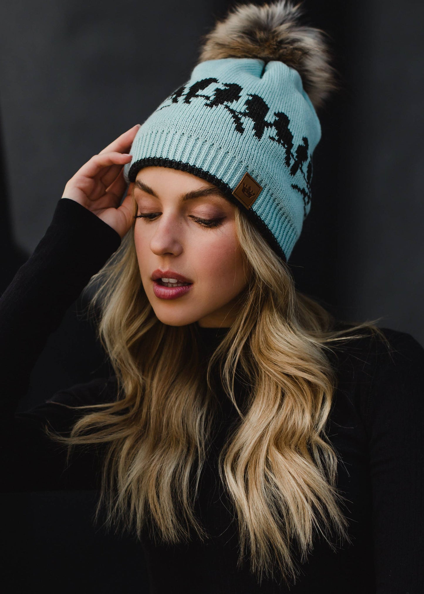 Lt. Blue & Charcoal Bird Pattern Pom Hat