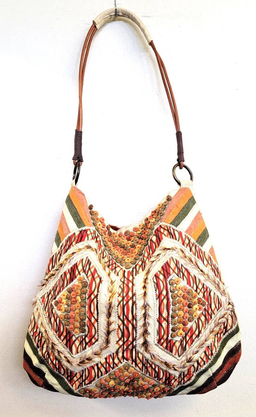 Cotton Embroidered Wood Bead Hobo Bag
