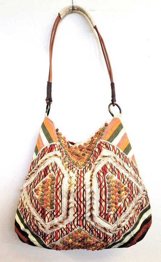 Cotton Embroidered Wood Bead Hobo Bag