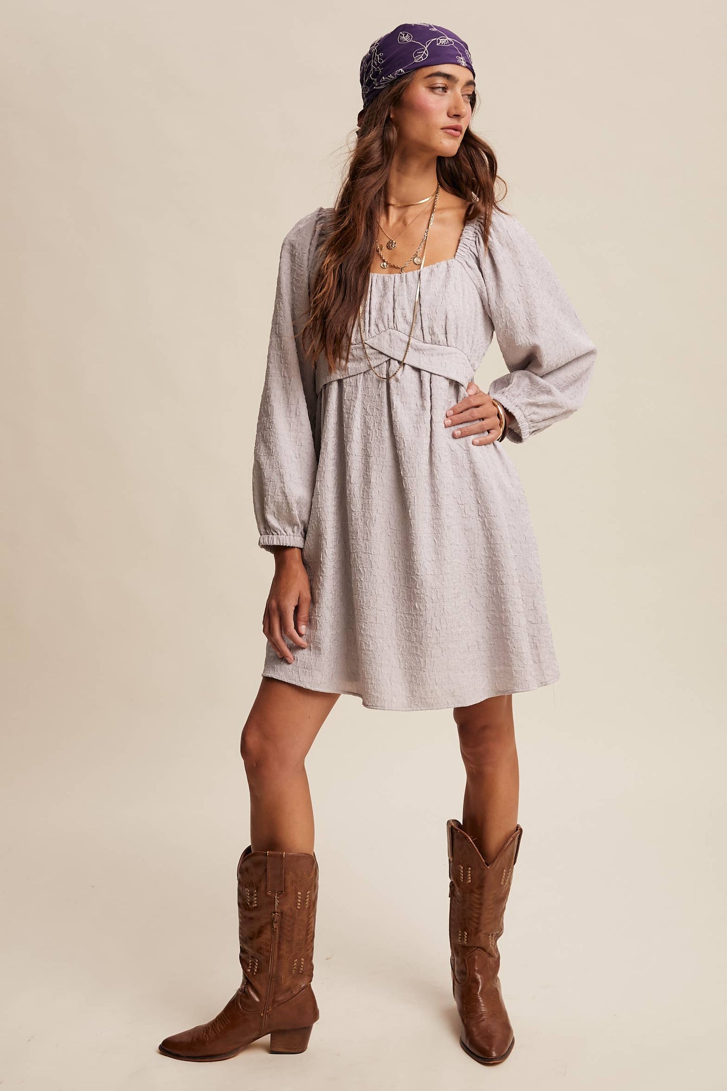 Textured Square Neck Babydoll Mini Dress