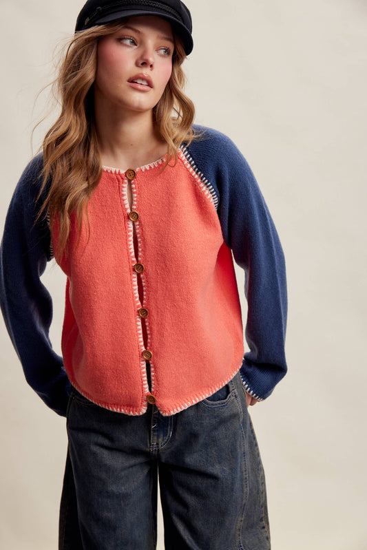 Contrast Stitch Raglan Knit Cardigan