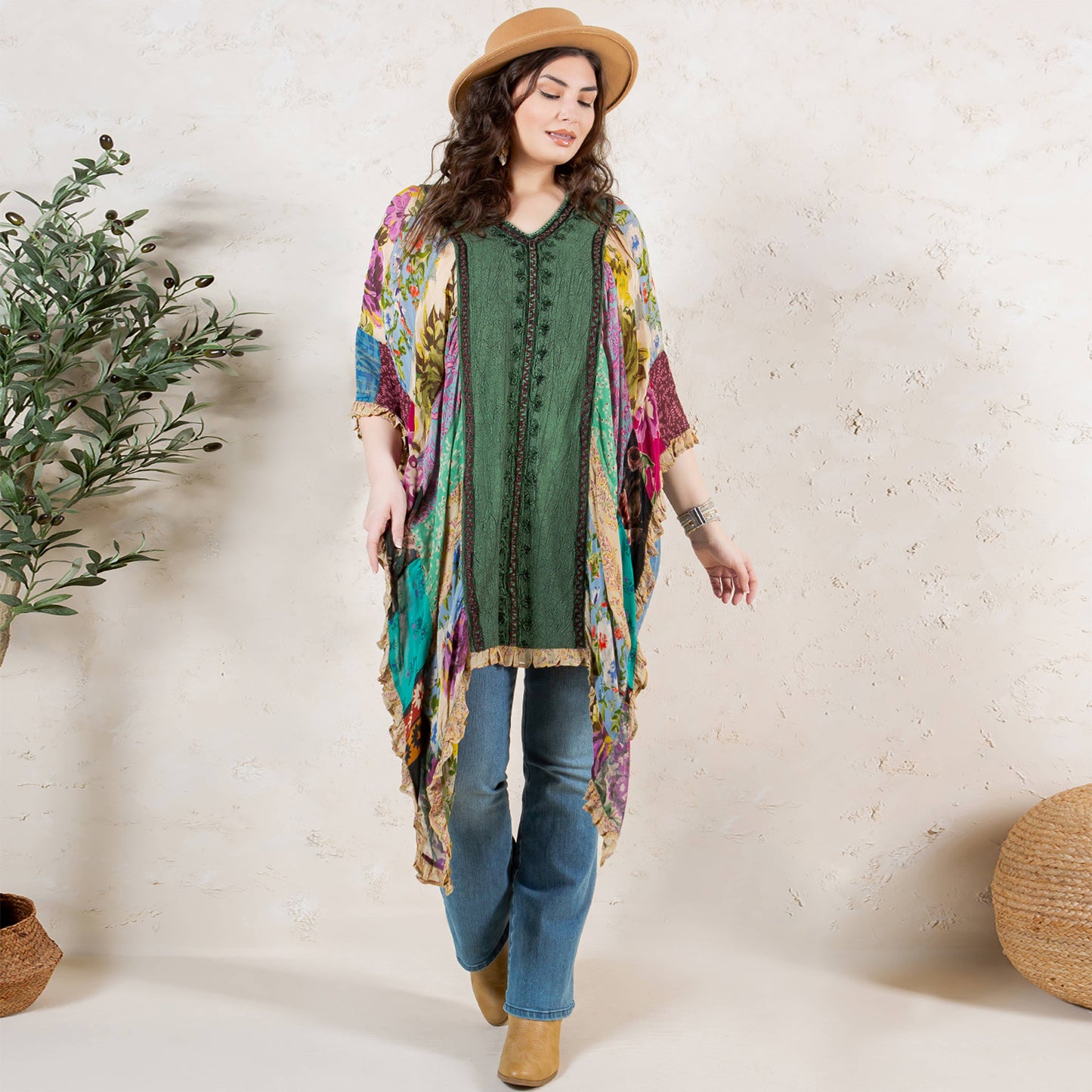 Natural Bohemian Embroidered Colorblocked Shrug