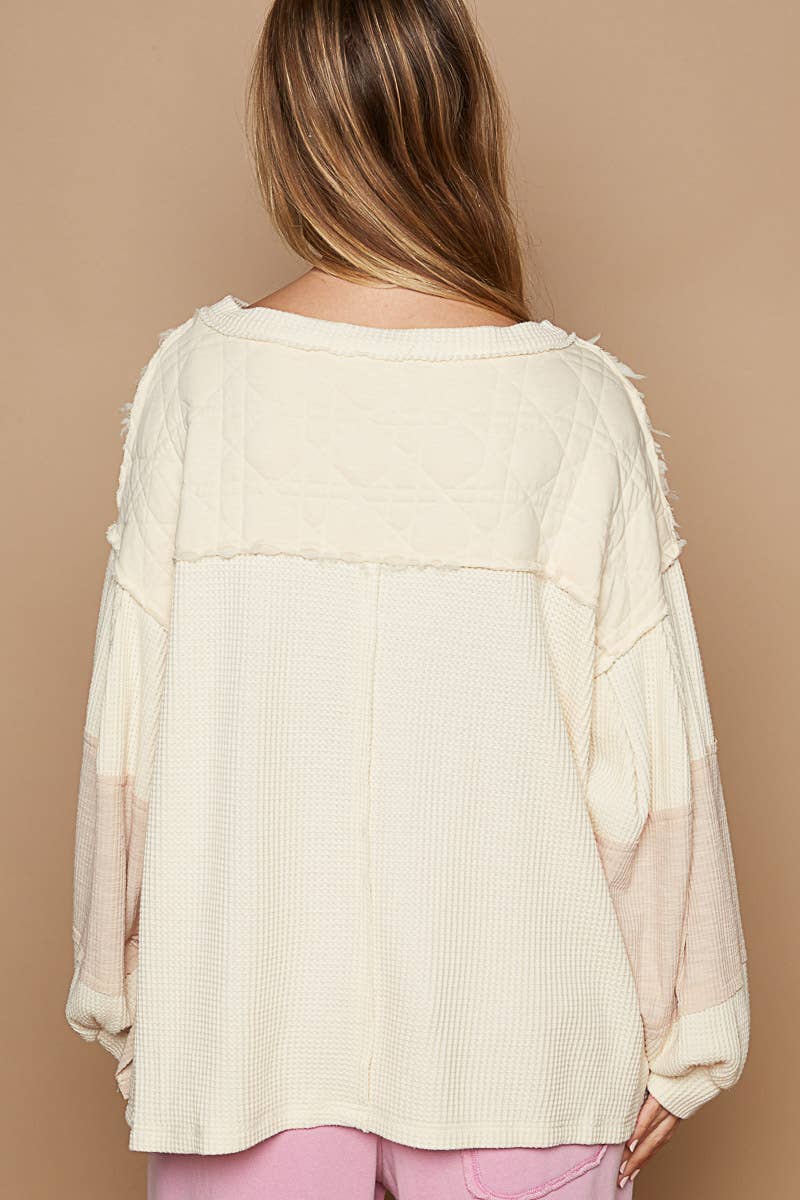 Round neck balloon sleeve thermal contrast knit top