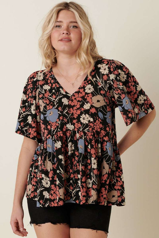 FLOWER PRINT V-NECK BABY DOLL KNIT BLOUSE